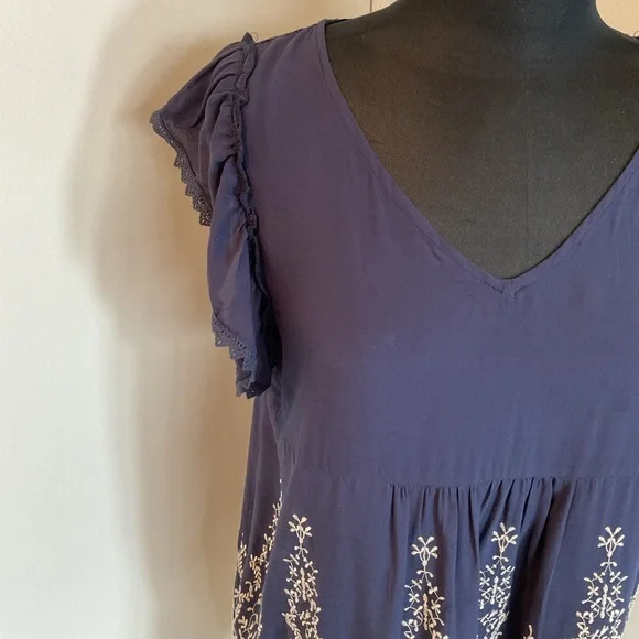 Source Unknown Blue Cream Ruffled Cap Sleeve Embroidered Boho Blouse Top Large - Picture 4 of 10